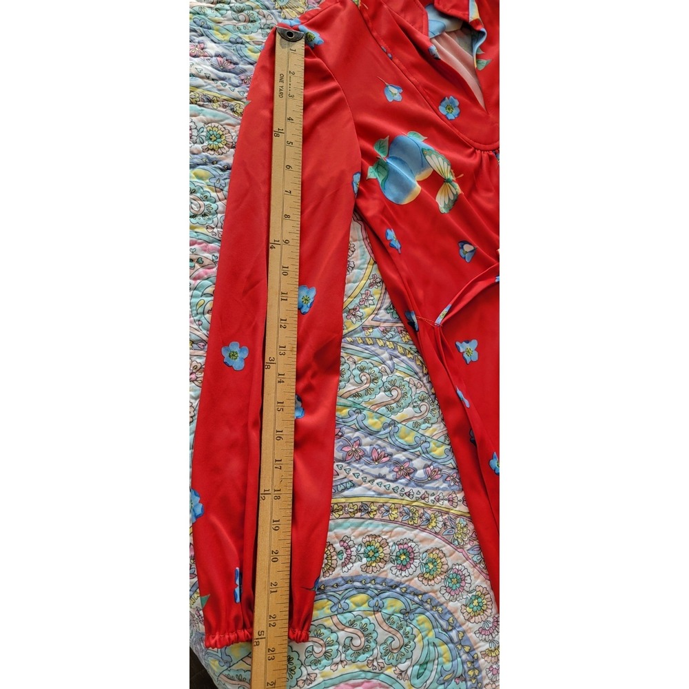 Vintage Red Fit N Flare Dress Size M Prairie Cottagecore Floral 70s Long Sleeve - Picture 10 of 12